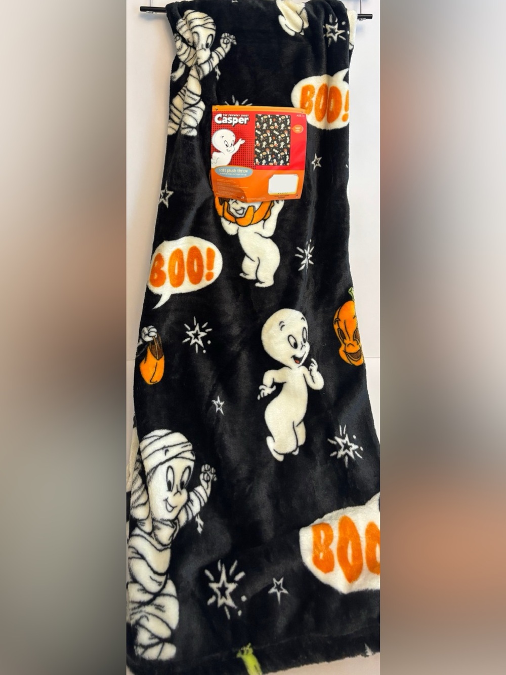 Casper Ghost Halloween Costumes Black Soft Plush Blanket Throw 50 x 70 NWT